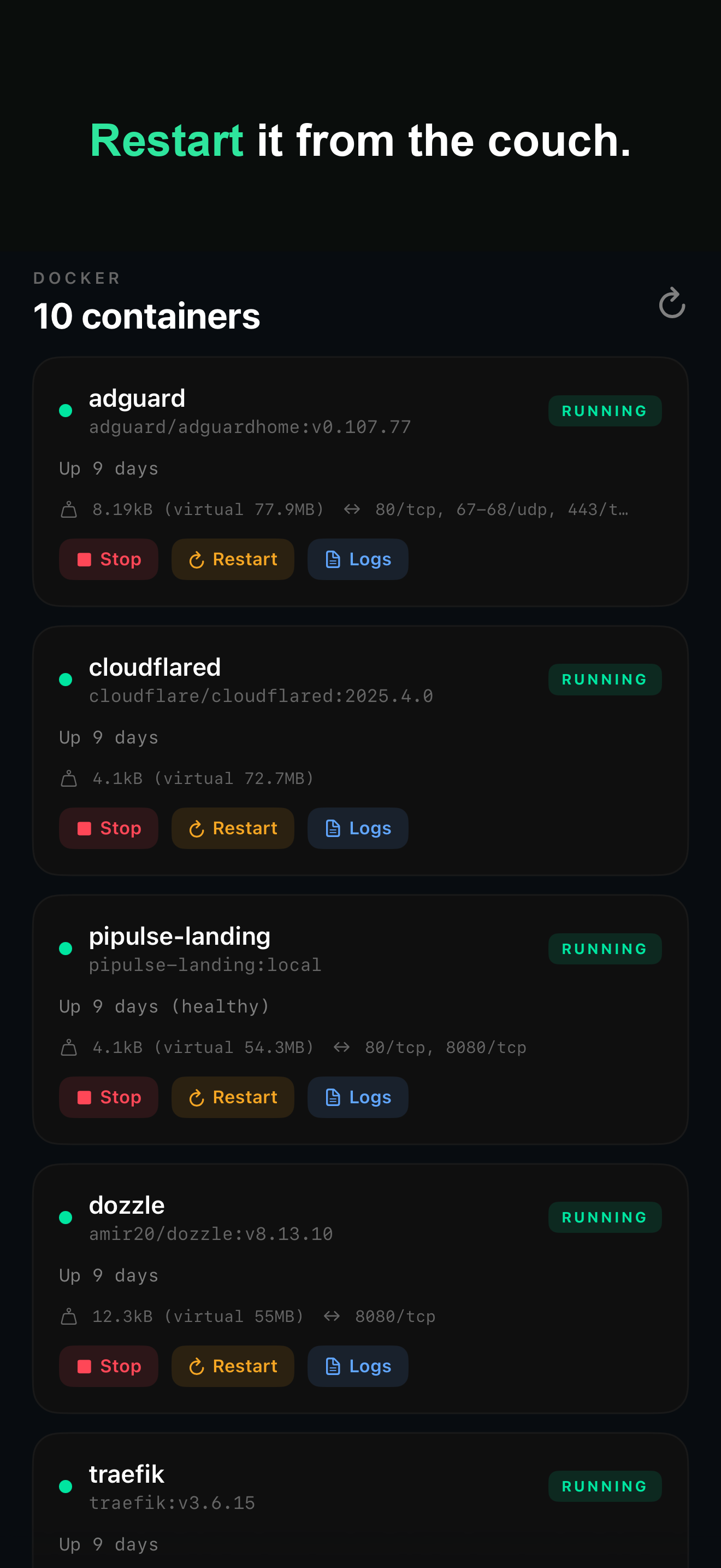 Docker container list with stop, restart and logs buttons
